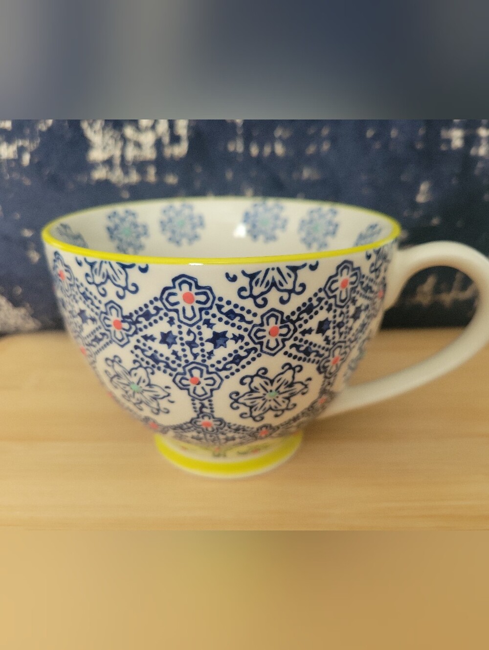 Oversized White Ceramic Tea Cup/Mug Blue Floral Design w/ Raised Tactile Dots